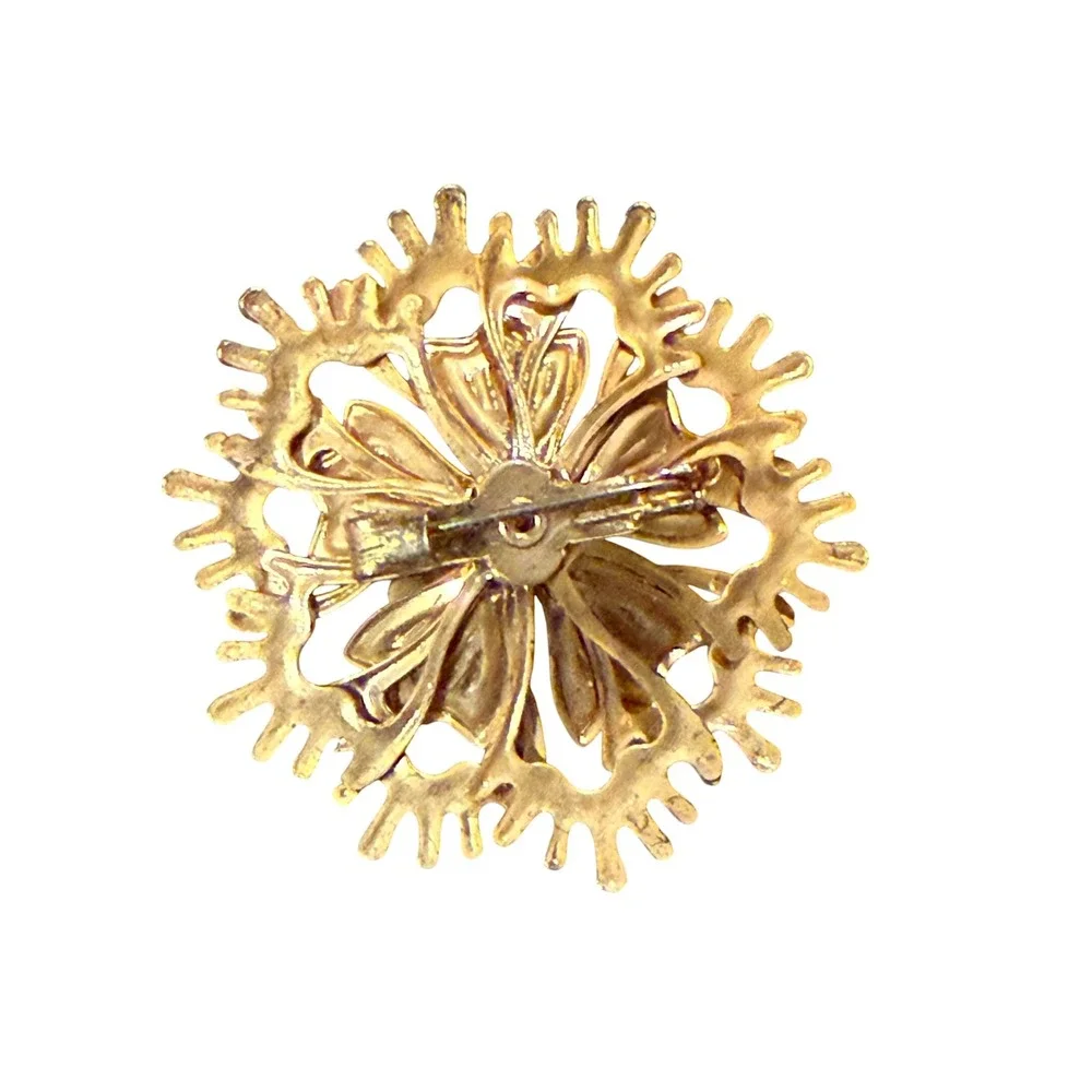 Gold Tone Red Flower Brooch Pin Faux Pearls Vintage Style‎